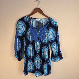 Crown & Ivy Petite PM Blue Medallion Crochet Lace Pom Pom Trim Tunic Blouse